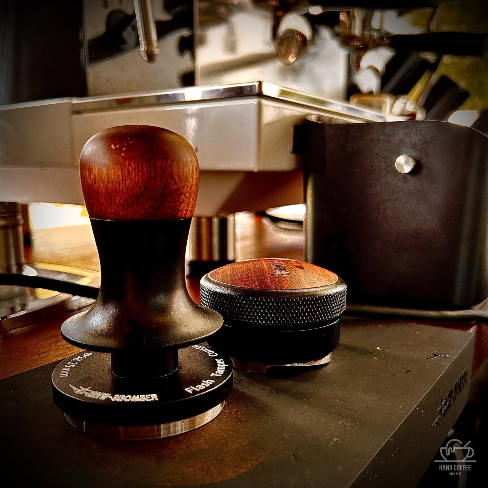 Warm light on Hana Coffee’s espresso tools