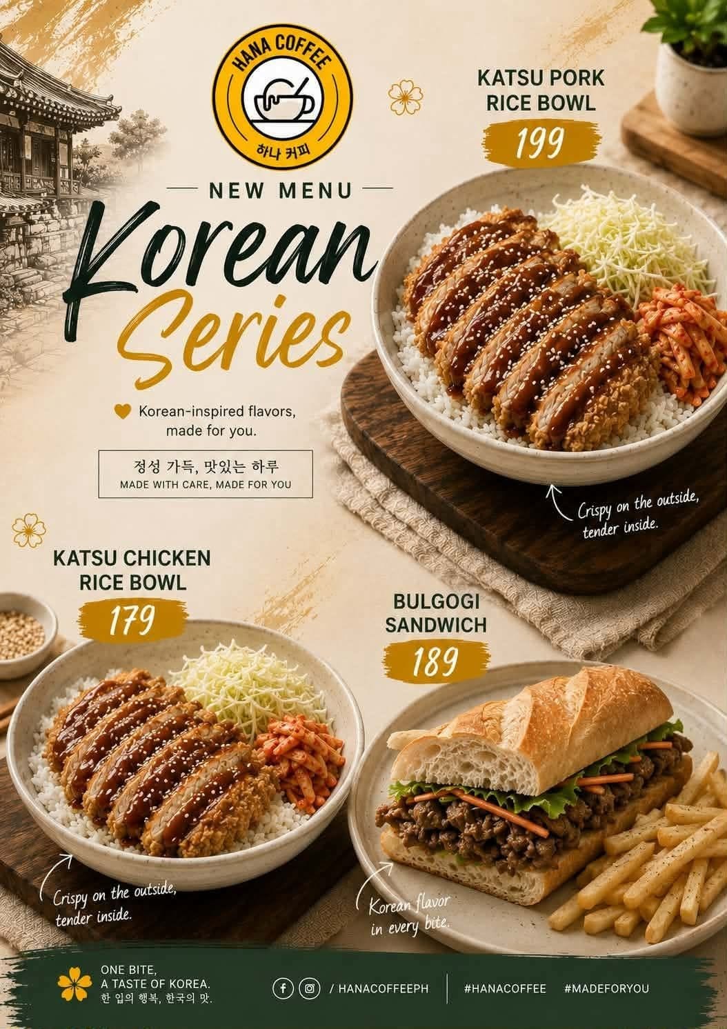 Korean Series menu: Katsu pork rice bowl 199, Katsu chicken rice bowl 179, Bulgogi sandwich 189